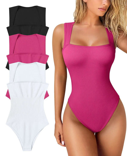 Sleeveless Thread Square Neck Ribbed Jumpsuit – High Elasticity Bodysuit for a Flattering, All-Day Fit
