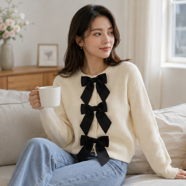 Women's Bow Knit Cardigan - Single Breasted Long Sleeve Sweater for Autumn Fashion and Everyday Elegance
