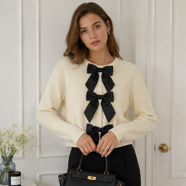 Women's Bow Knit Cardigan - Single Breasted Long Sleeve Sweater for Autumn Fashion and Everyday Elegance