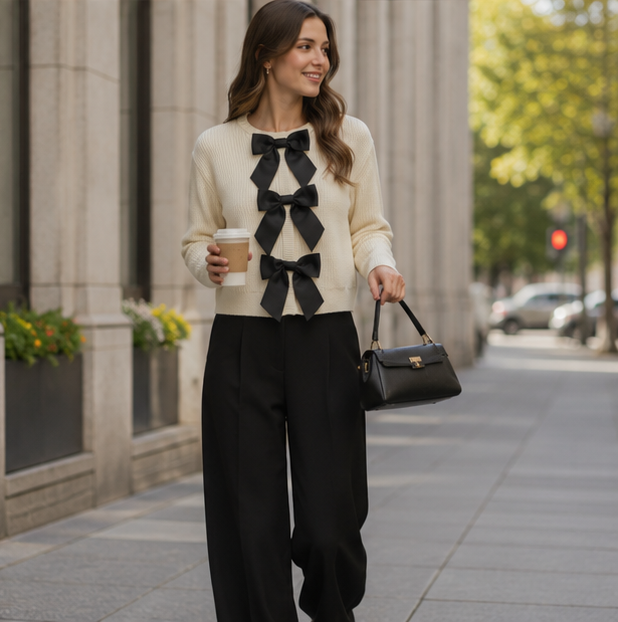 Women's Bow Knit Cardigan - Single Breasted Long Sleeve Sweater for Autumn Fashion and Everyday Elegance