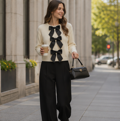 Women's Bow Knit Cardigan - Single Breasted Long Sleeve Sweater for Autumn Fashion and Everyday Elegance