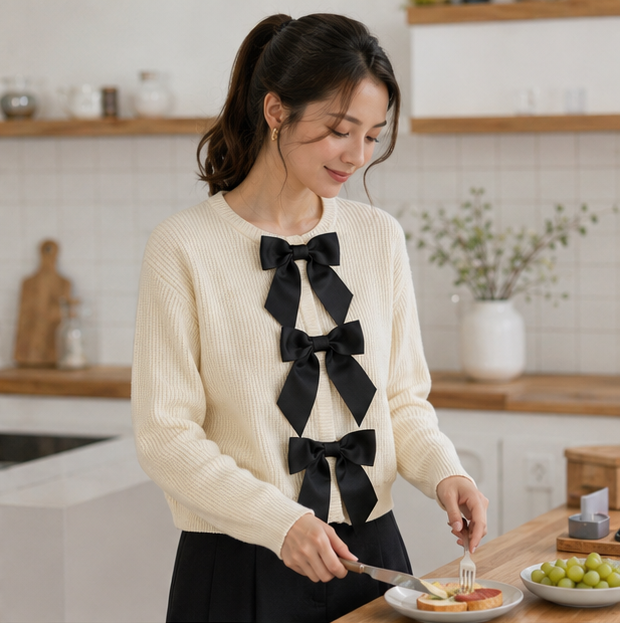 Women's Bow Knit Cardigan - Single Breasted Long Sleeve Sweater for Autumn Fashion and Everyday Elegance