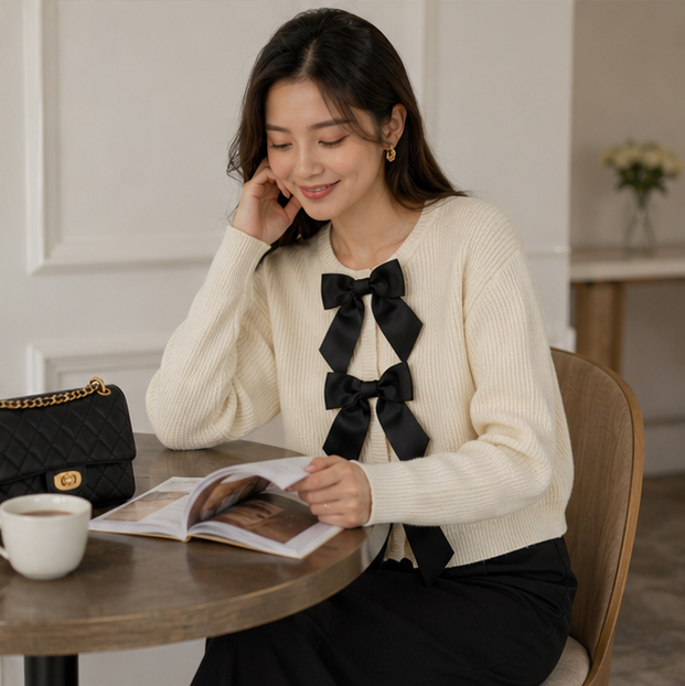 Women's Bow Knit Cardigan - Single Breasted Long Sleeve Sweater for Autumn Fashion and Everyday Elegance