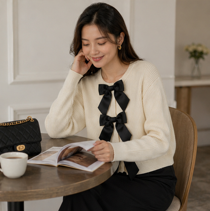 Women's Bow Knit Cardigan - Single Breasted Long Sleeve Sweater for Autumn Fashion and Everyday Elegance