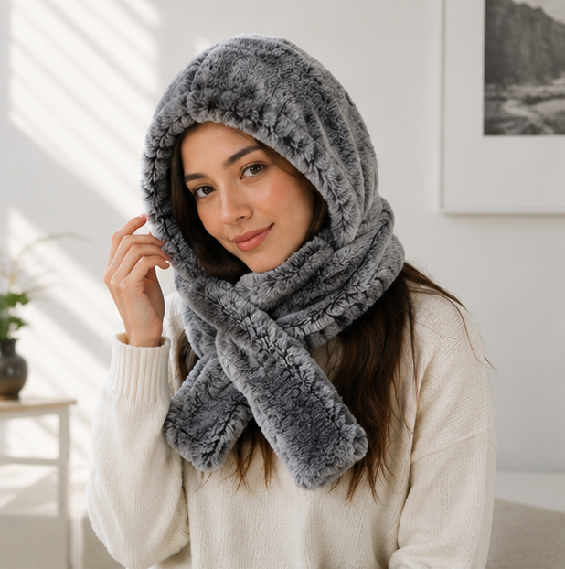 Women's Rex Rabbit Fur Hat Scarf - Luxury Winter Hooded Knit Set for Ultimate Warmth and Elegant Fashion