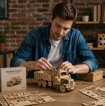 Wooden Vehicle Puzzle Set - 3D DIY Truck Sports Car Model Kit with Movable Parts, Educational Toy Gift for Kids and Adults