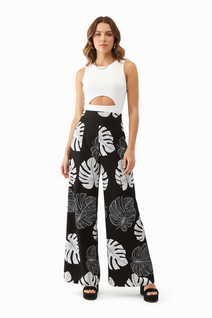 Floral Print High Waist Pants Set – Hollow Round Neck Crop Vest with Slit Pants Elegant Summer Two-Piece Outfit