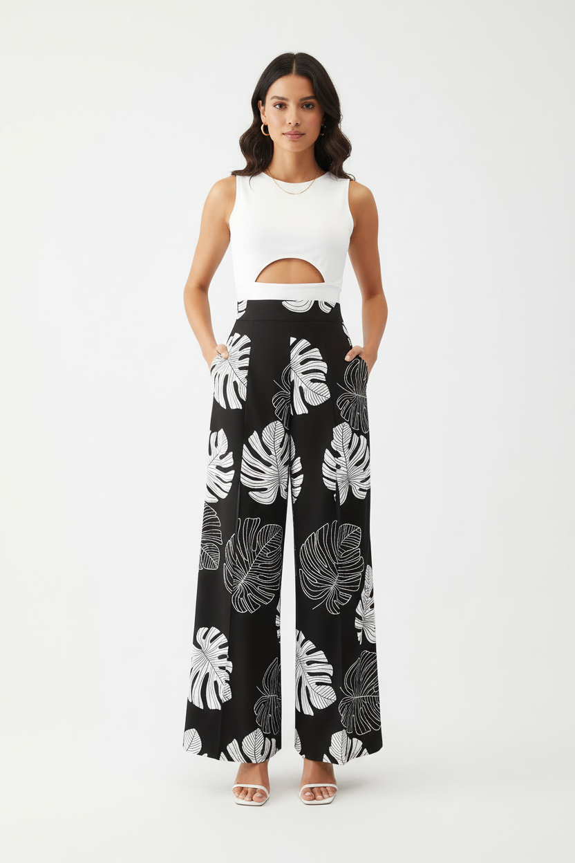 Floral Print High Waist Pants Set – Hollow Round Neck Crop Vest with Slit Pants Elegant Summer Two-Piece Outfit