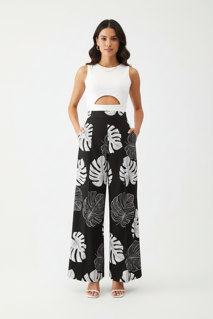 Floral Print High Waist Pants Set – Hollow Round Neck Crop Vest with Slit Pants Elegant Summer Two-Piece Outfit