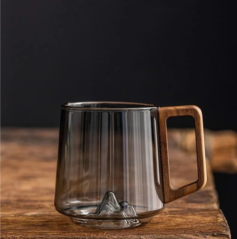 Guanshan Glass Cup with Wooden Handle – Large-Capacity Single-Layer Mug for Coffee, Tea & Juice