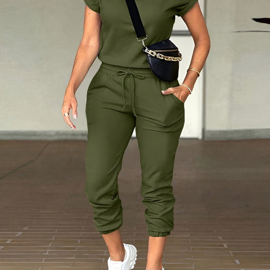 Women’s Casual Two-Piece Lounge Suit – Solid Color Short Sleeve Round Neck Top with Pocket Drawstring Long Pants Set