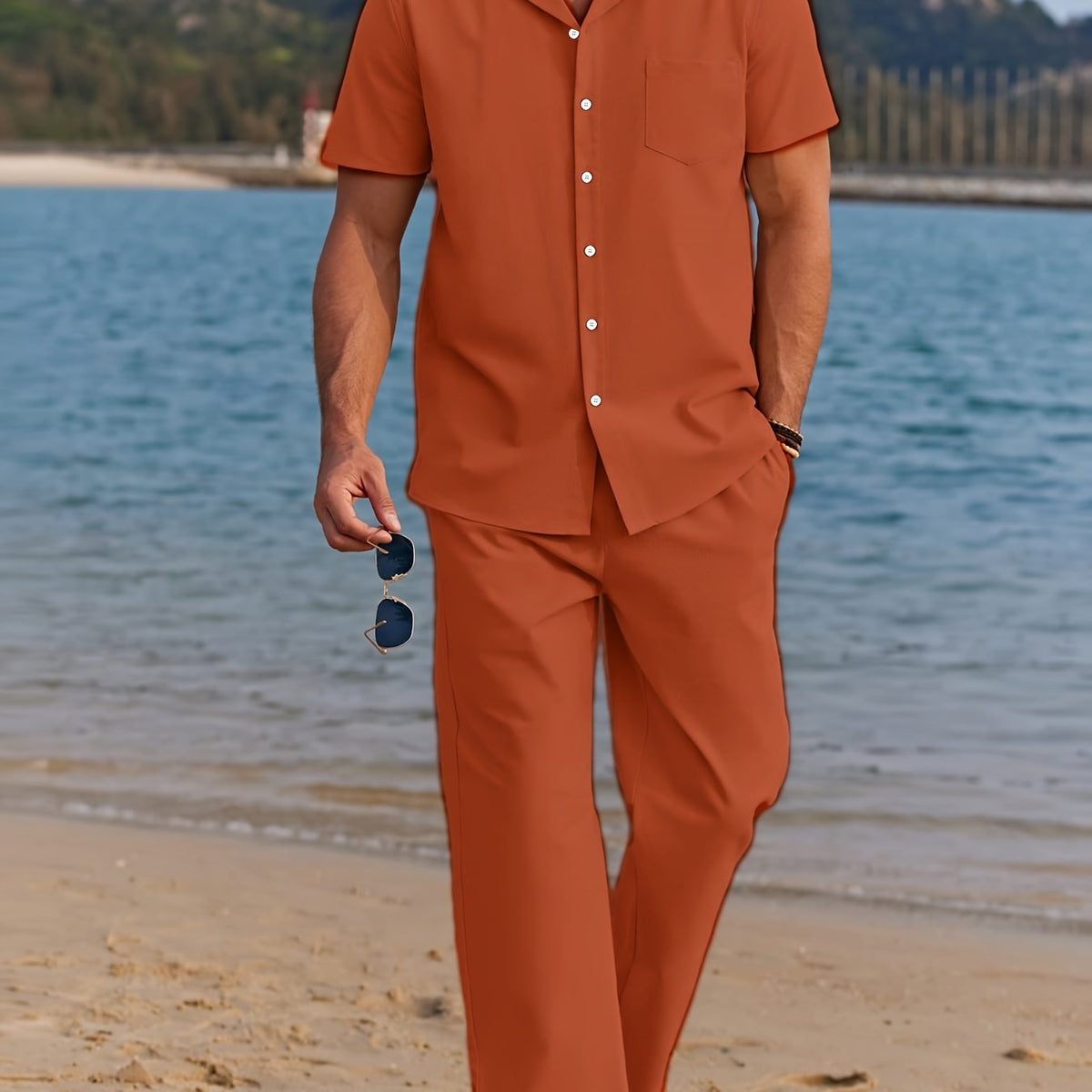 Men’s Solid Color Two-Piece Casual Set – Short Sleeve Lapel Shirt with Drawstring Pants for Relaxed Daily and All-Season Wear