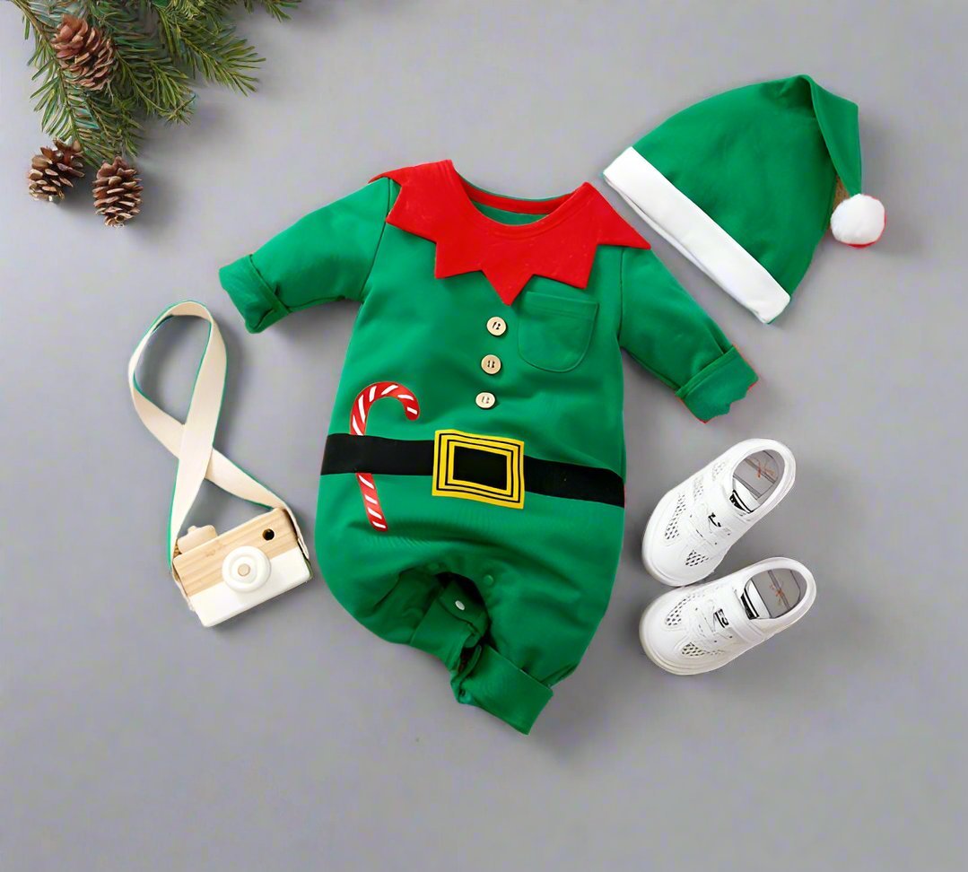 Adorable Christmas Elf Jumpsuit for Newborn – Soft & Cozy Long Sleeve Outfit for Boys and Girls (0-18 Months) Perfect for Christmas Celebrations