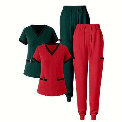 Women’s Nurse Scrub Set – V-Neck Short Sleeve Top and Drawstring Pants with Badge Pockets for Healthcare Professionals