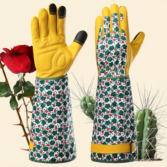 Women’s Gardening Gloves – Durable Green Floral Print Thorn-Proof Cowhide Gauntlet with Touchscreen Feature, Breathable Yard Work Accessory