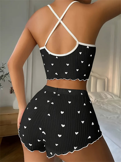 Romantic Heart Print Pajama Set – Ribbed Fabric Cami and Shorts Sleepwear with Frill Trim and Bow Back Detail