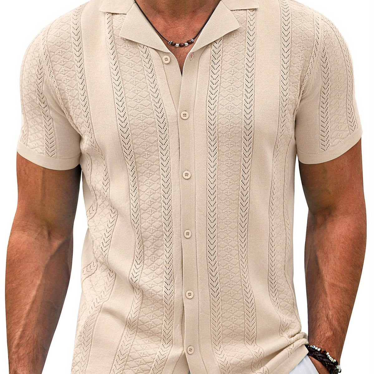 Men’s Vintage Colored Knit Shirt – Short Sleeve Button-Up Summer Top with Breathable Viscose Blend