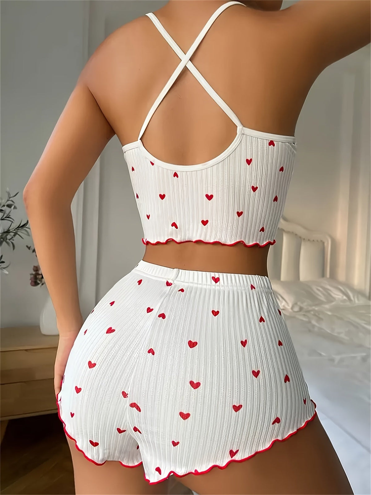 Romantic Heart Print Pajama Set – Ribbed Fabric Cami and Shorts Sleepwear with Frill Trim and Bow Back Detail