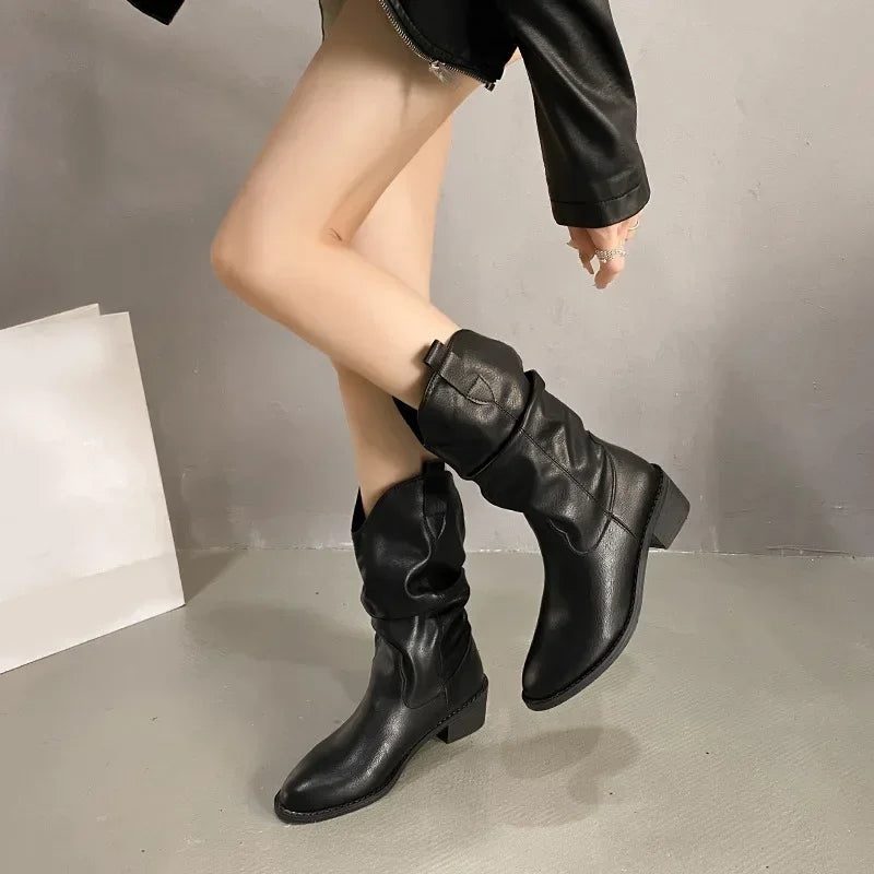 Waterproof Winter Leather Boots - Stylish Non-Slip Pleated Low-Heel Design Keeps You Warm and Fashionable