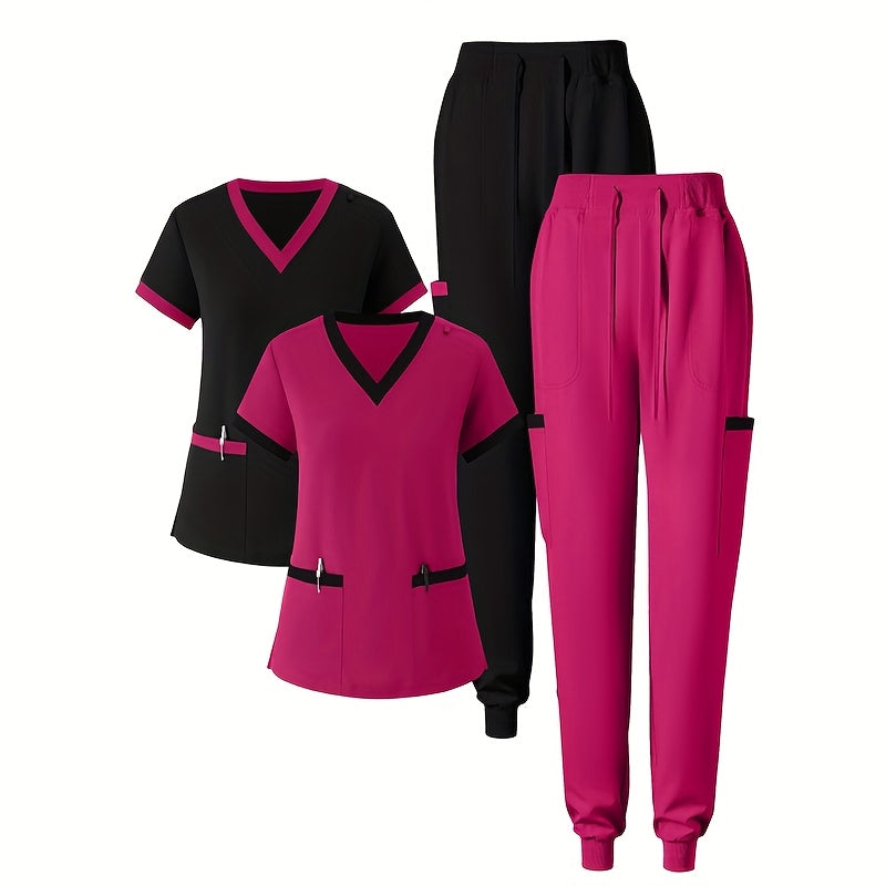 Women’s Nurse Scrub Set – V-Neck Short Sleeve Top and Drawstring Pants with Badge Pockets for Healthcare Professionals