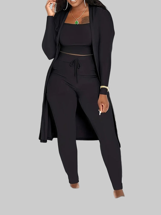 Women’s Color Block Three-Piece Outfit Set – Striped Open Cardigan with Tie-Waist Pants and Matching Inner Top for Stylish Casual Wear