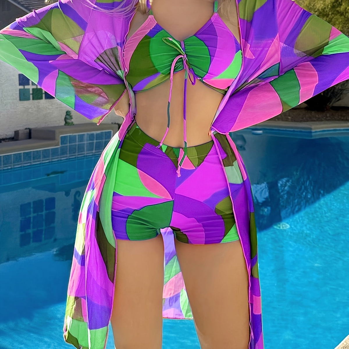 Geometric Print Swimwear Set – Women’s 3-Piece Bikini with Drawstring Top, Shorts and Kimono Cover-Up