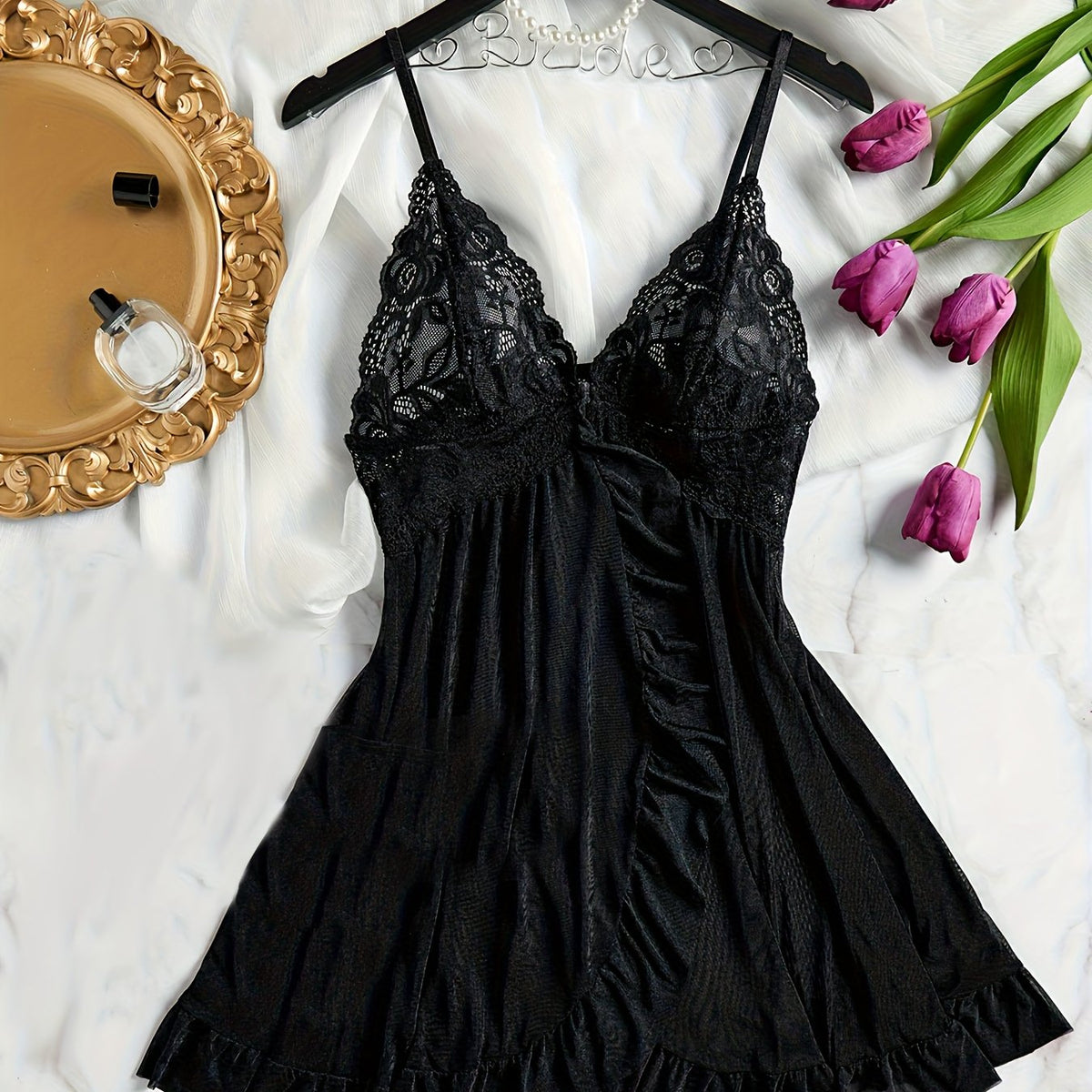 Valentine Lace Sleepwear Dress Set – Sultry Backless V-Neck Nightdress with Ruffle Trim and Matching Thong