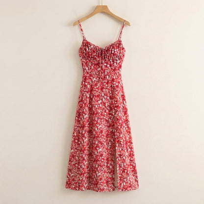 Floral Midi Sundress with Tie Front and Slit – Women's Spaghetti Strap Summer Beach Dress
