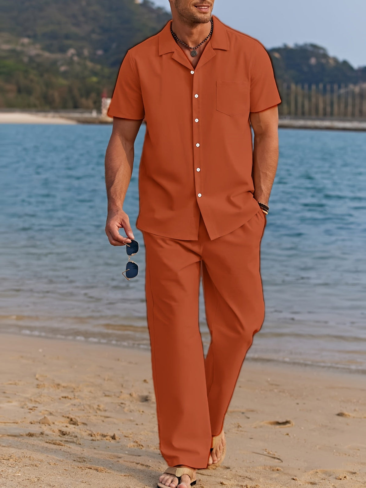 Men’s Solid Color Two-Piece Casual Set – Short Sleeve Lapel Shirt with Drawstring Pants for Relaxed Daily and All-Season Wear