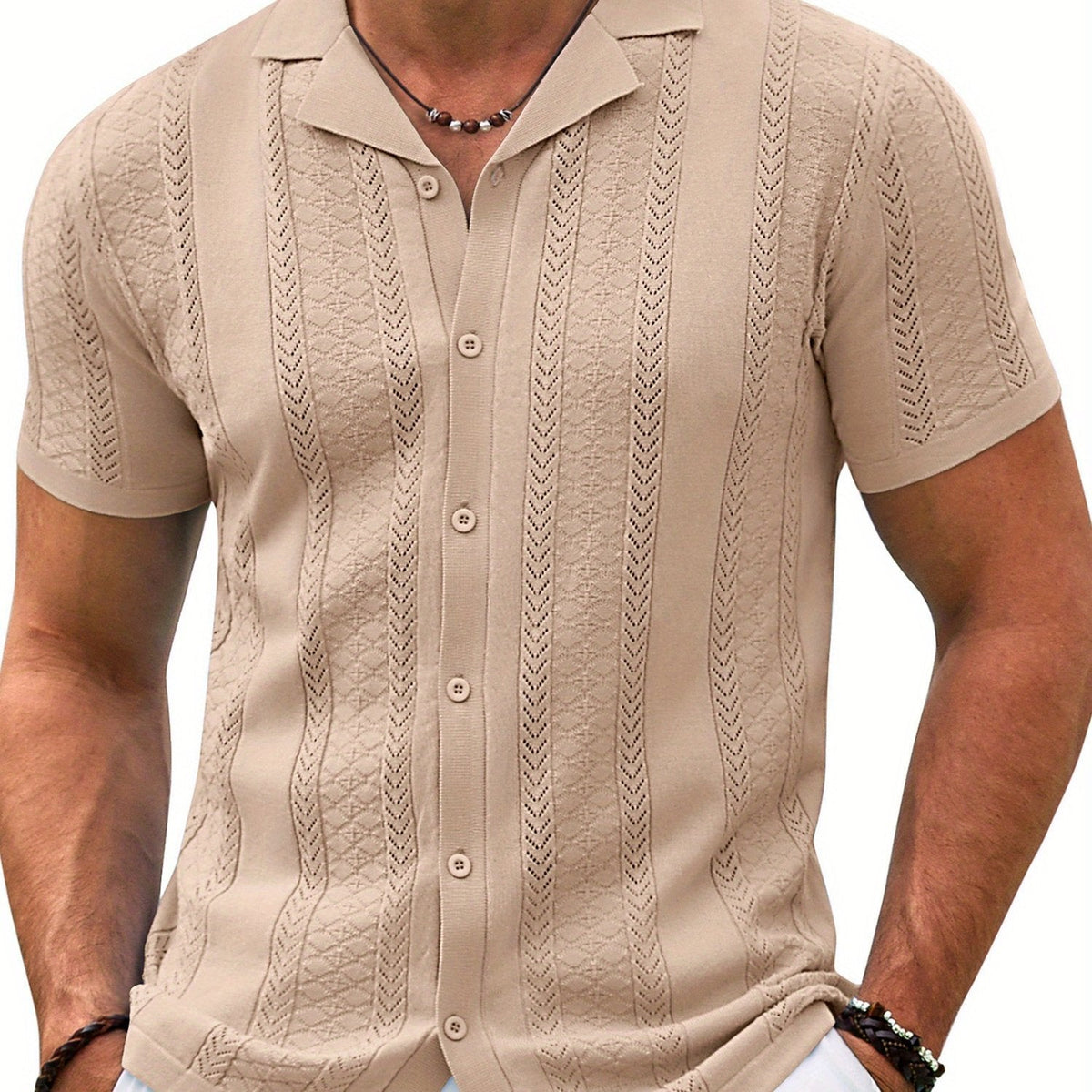 Men’s Vintage Colored Knit Shirt – Short Sleeve Button-Up Summer Top with Breathable Viscose Blend
