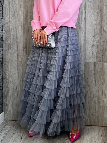 Layered High Waist Ruffles Pink Tulle Skirt – Vintage-Inspired Maxi Skirt for Romantic, Feminine Outfits Anytime