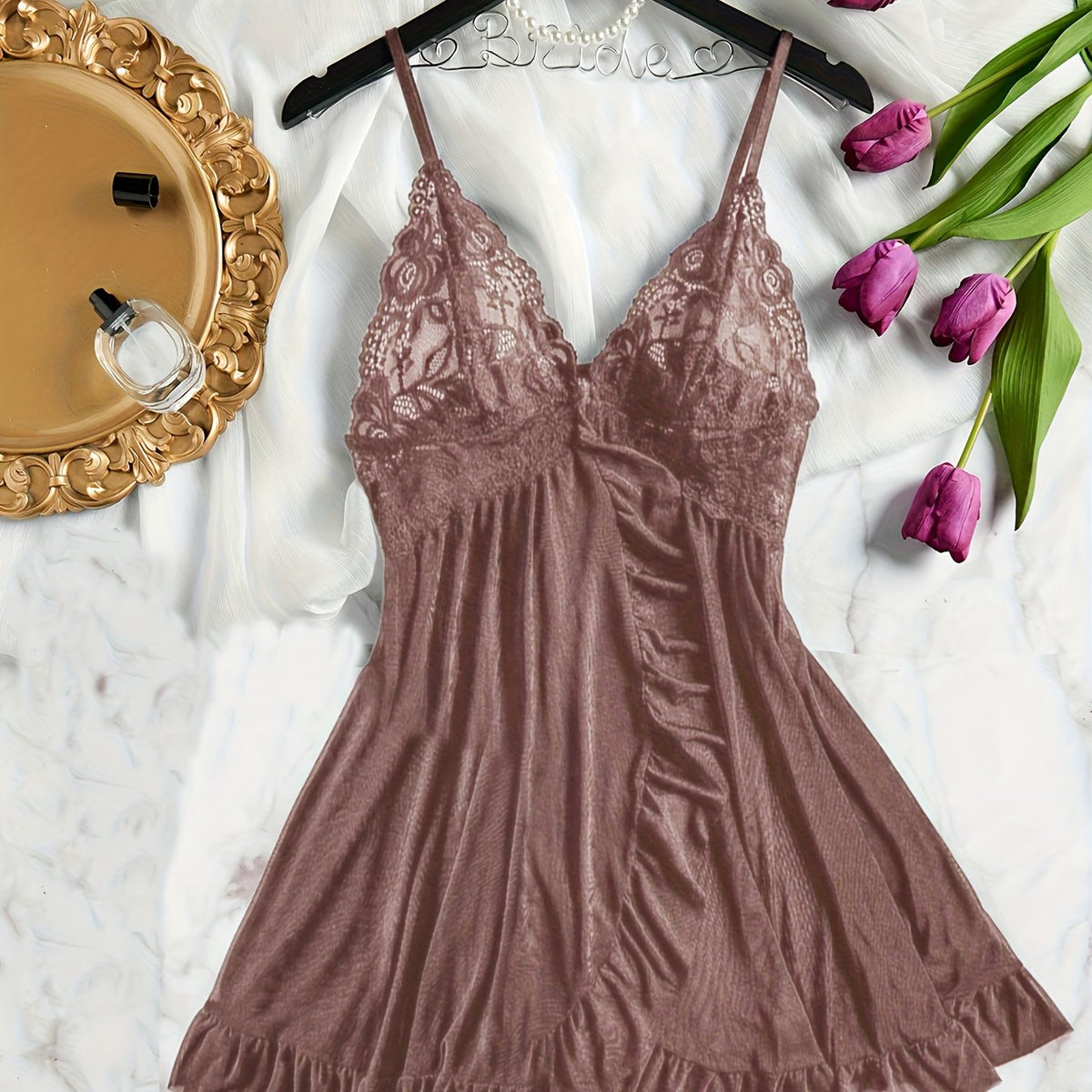 Valentine Lace Sleepwear Dress Set – Sultry Backless V-Neck Nightdress with Ruffle Trim and Matching Thong