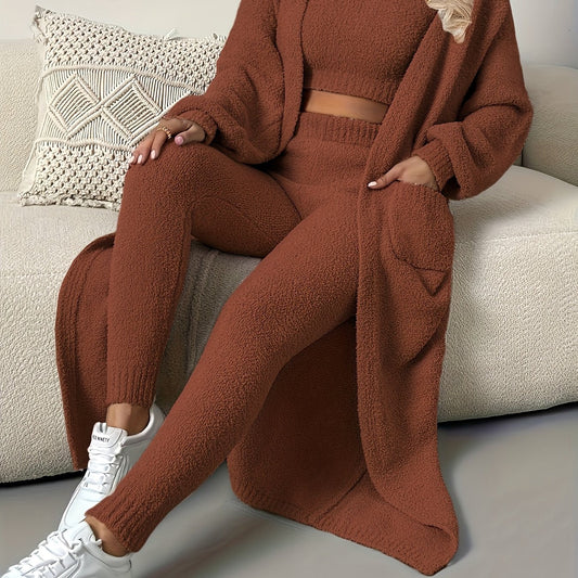Women’s Solid Fleece Home Suit Set – Thick Warm Lounge Wear Pajama Outfit for Cozy Indoor Comfort and Relaxation