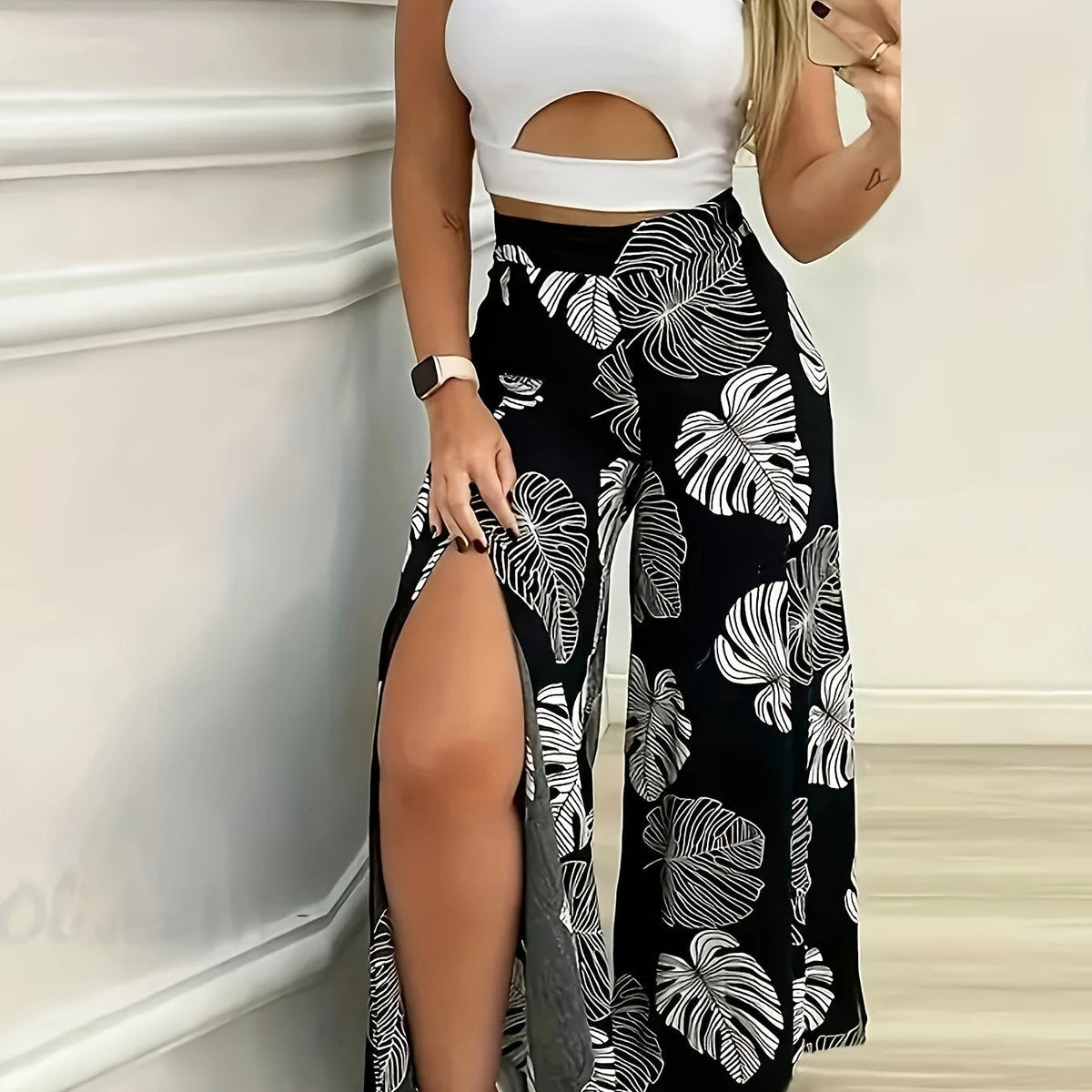 Floral Print High Waist Pants Set – Hollow Round Neck Crop Vest with Slit Pants Elegant Summer Two-Piece Outfit