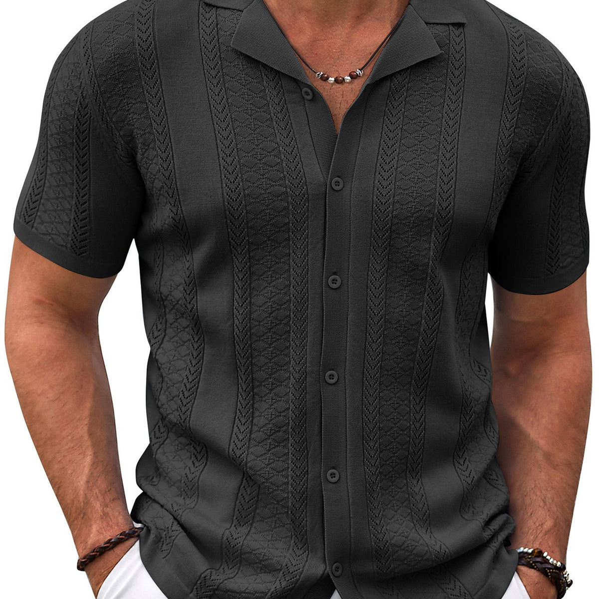 Men’s Vintage Colored Knit Shirt – Short Sleeve Button-Up Summer Top with Breathable Viscose Blend