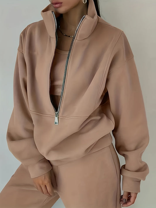 Women’s Two-Piece Zip Sweatshirt & Pants Set – Long Sleeve Casual Lounge Outfit with Elastic Waist Design