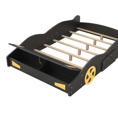 Full Size Race Car-Shaped Platform Bed with Wheels and Storage