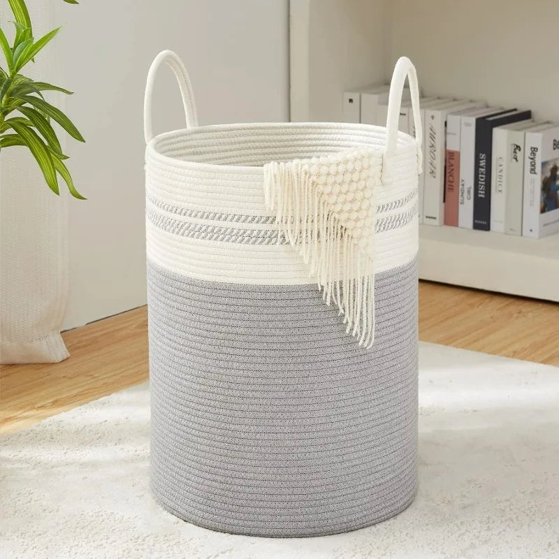Woven Tall Rope Laundry Hamper – Large 15x20 Inch Dirty Clothes Basket with Handles for Stylish Home or Toy Storage Solution