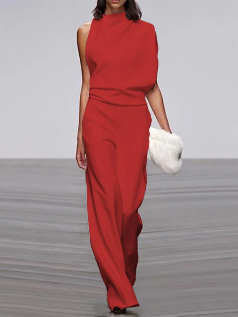 Women's round-neck, sleeveless jumpsuit with flared legs