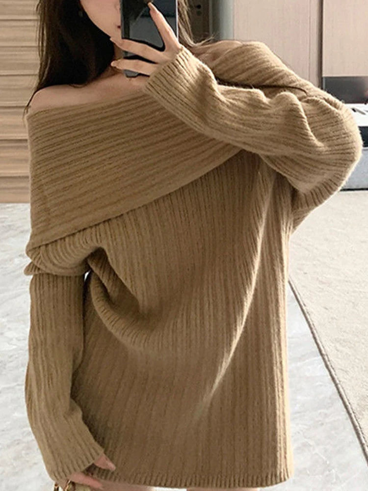 Off-Shoulder Knitted Sweater – Elegant Loose Pullover for Autumn/Winter Chic & Cozy Fashion