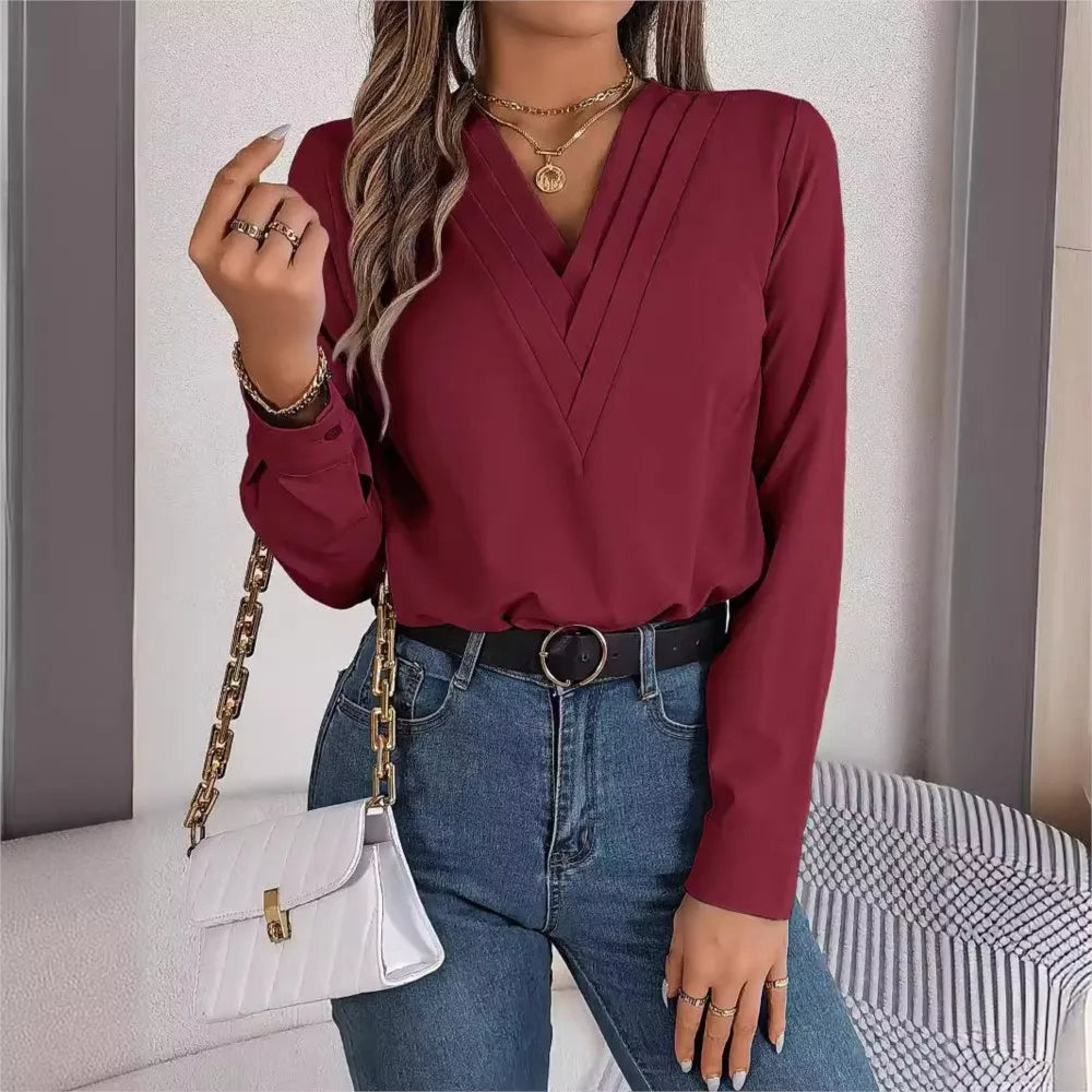 Layered V-Neck Long Sleeve Blouse – Slim Fit White Pullover for Office Chic, Autumn/Winter Fashion