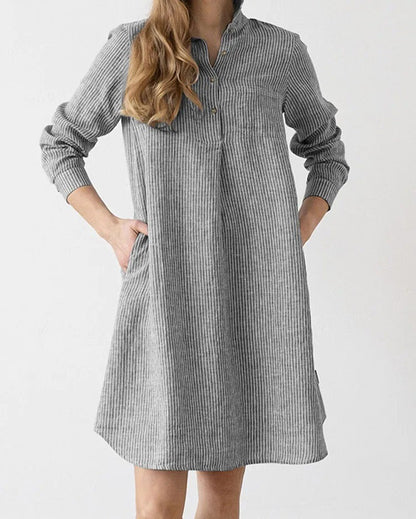 Striped Shirt Dress for Work & Casual Chic – Lapel Neck, Long Sleeve, & Knee-Length Charm