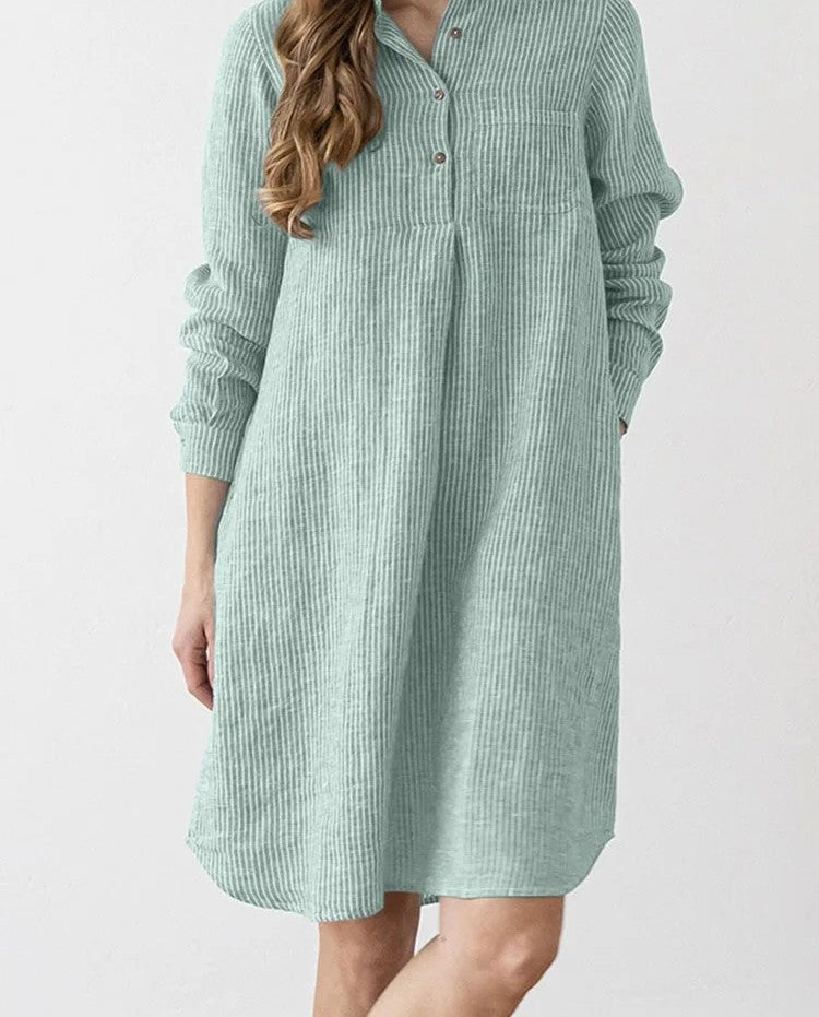 Striped Shirt Dress for Work & Casual Chic – Lapel Neck, Long Sleeve, & Knee-Length Charm