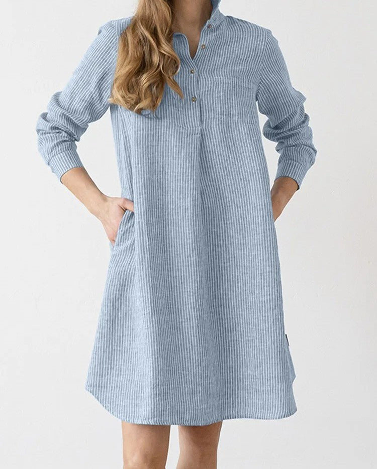Striped Shirt Dress for Work & Casual Chic – Lapel Neck, Long Sleeve, & Knee-Length Charm