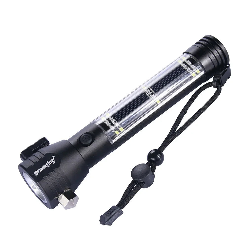Tactical Solar Flashlight – 10-in-1 USB Rechargeable Survival Tool with SOS Alarm, Glass Breaker & Camping Emergency Kit