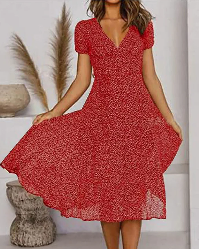 Floral Print V-Neck Chiffon Dress
