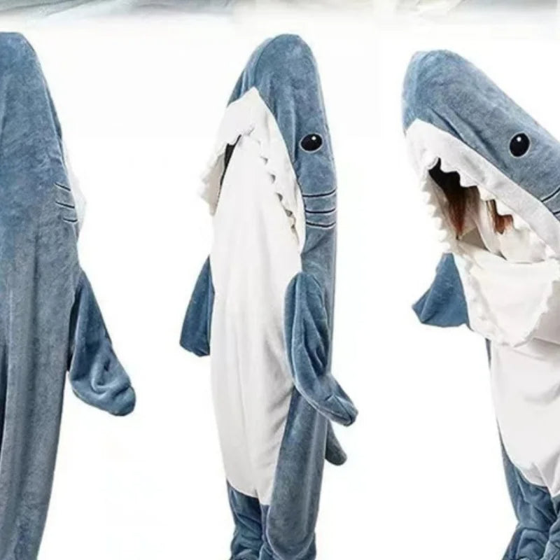 Thick Flannel Cartoon Shark Sleeping Bag – Plush Animal Pajama Blanket for Men & Women, Cozy Robe for School or Home