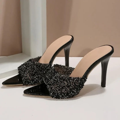 Sequin Slip-On Slim Mid High Heels - European-Inspired Glam Sandals with Glitzy Shine and Summer Elegance