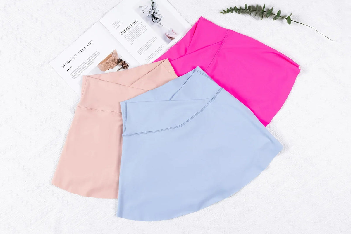 High Waist Overlap Tennis Skirt Shorts - 2-in-1  Outdoor Activewear with Pocket for Women