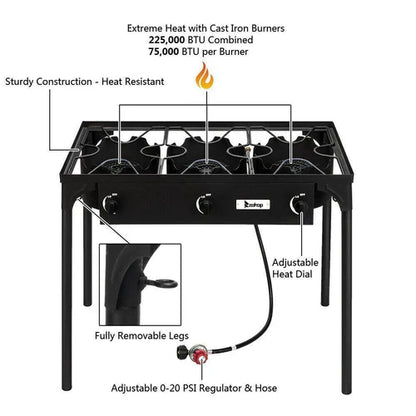 Outdoor Camping Stove Grill: Portable Propane 3-Burner Cooker (225,000 BTU)